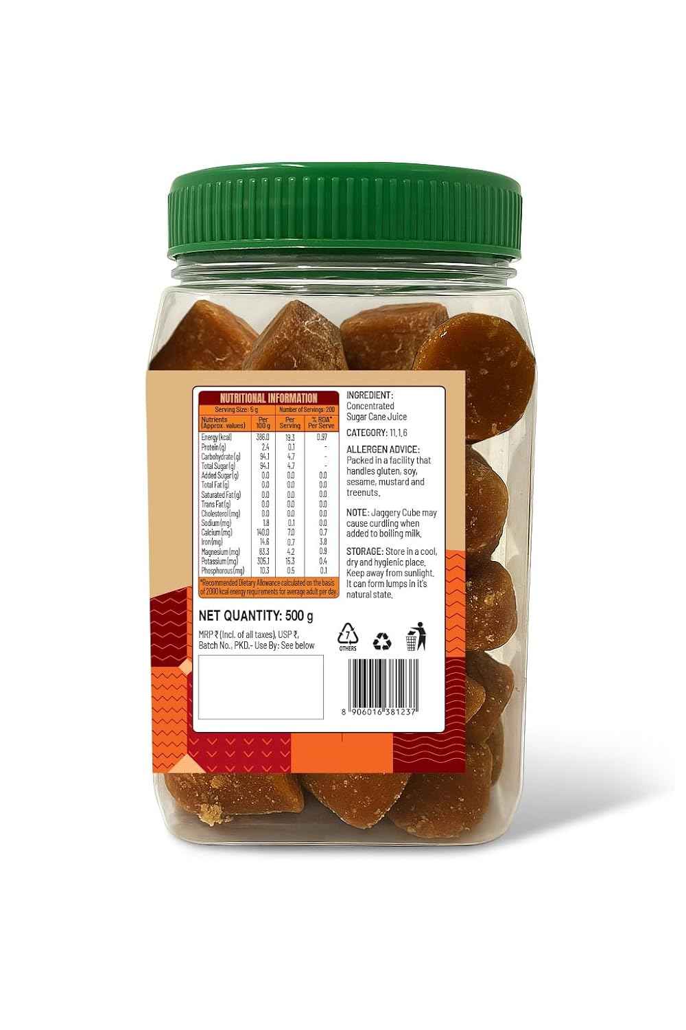 Sweetch Natural Cane Jaggery Cubes 500 GM Jar