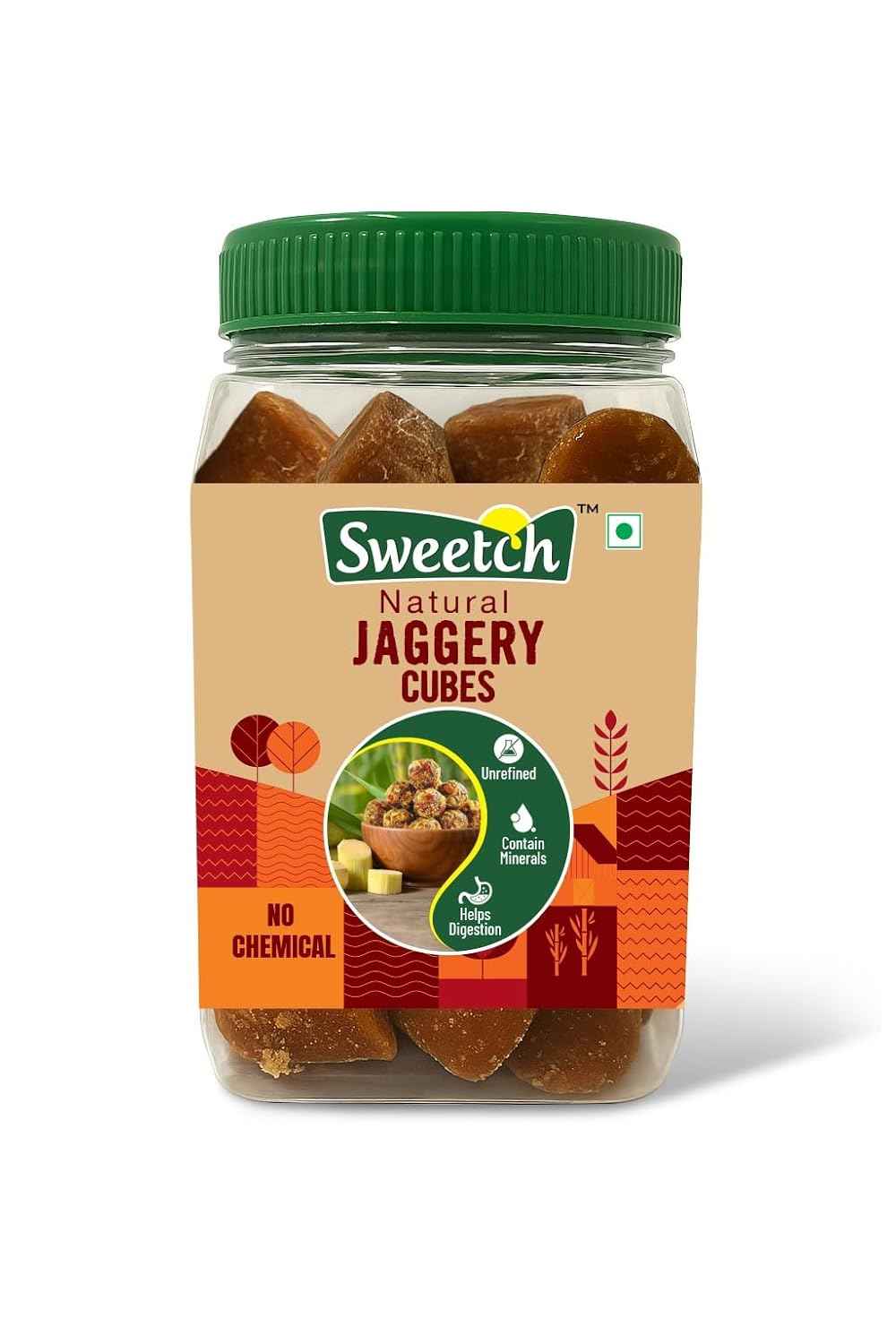 Sweetch Natural Cane Jaggery Cubes 500 GM Jar