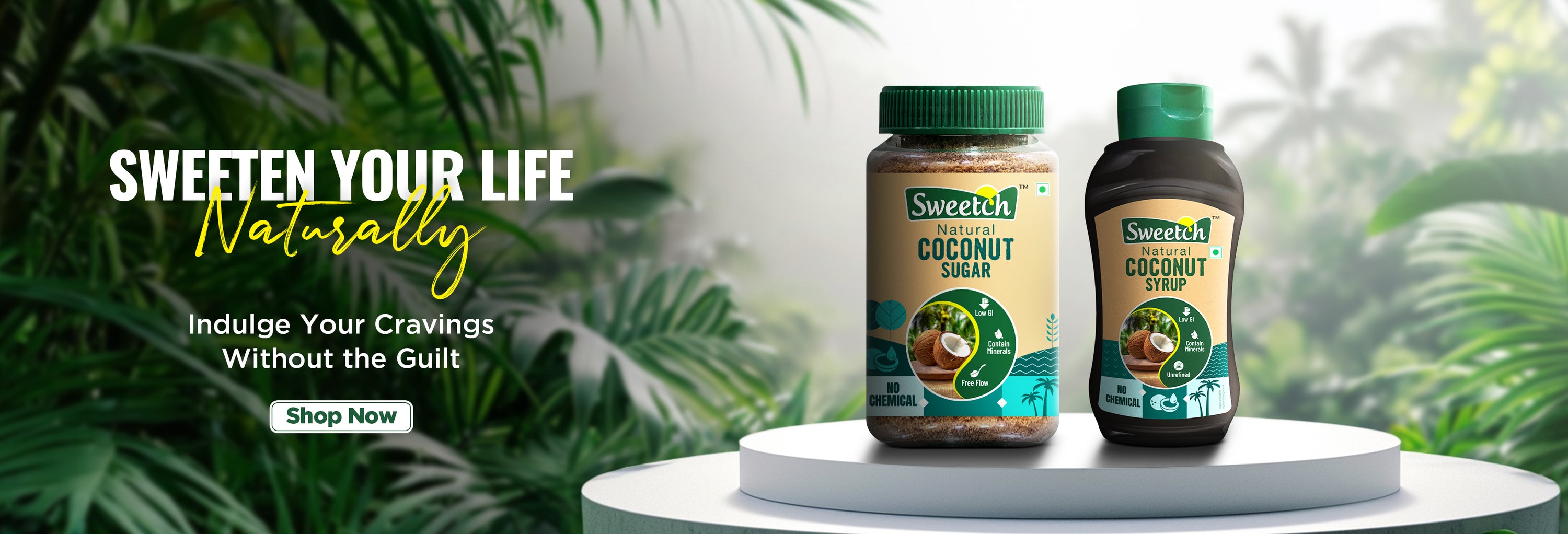 Sweetch banner image with Natural coconut sugar & coconut syrup