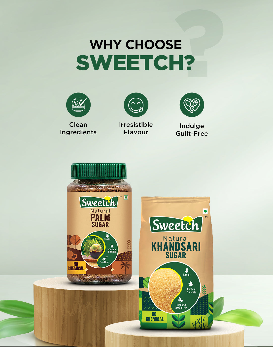 Two sugar products (palm sugar & khandsari sugar) on a wooden stand with promotional text on a light green background.