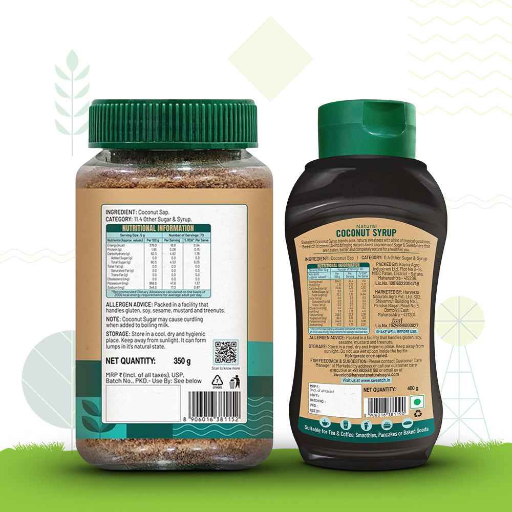 Sweetch Natural Coconut Sugar 350 GM + Coconut Syrup 400 GM Combo