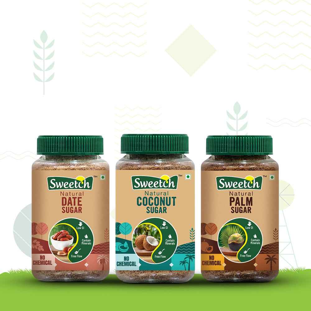 Sweetch Assorted Natural Sugar Pack of 3 (Date + Coconut + Palm) 350 G