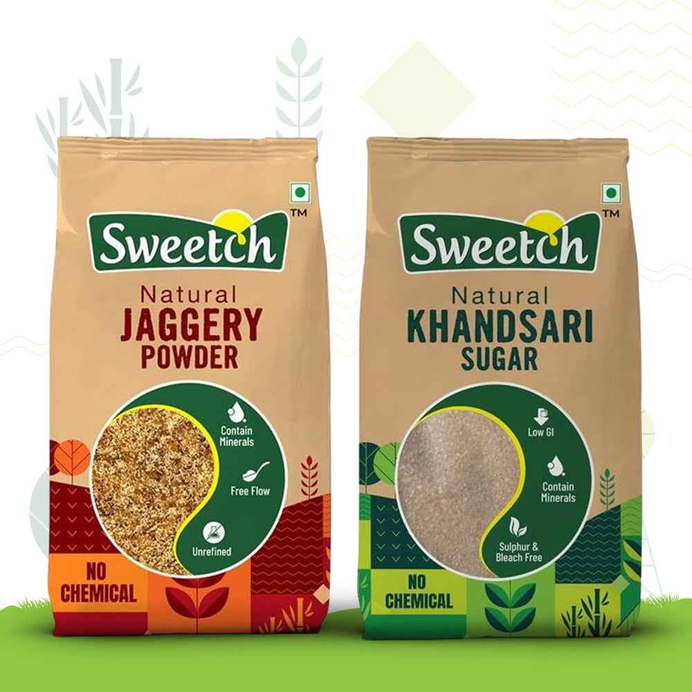 Sweetch Natural Khandsari Sugar (Raw cane Sugar) 1 KG + Jaggery 1 KG Combo