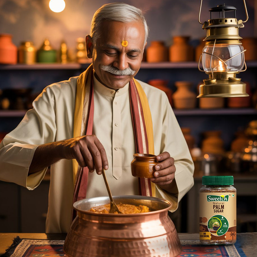 Man preparing a dish in a traditional setting with a container of palm sugar nearby.