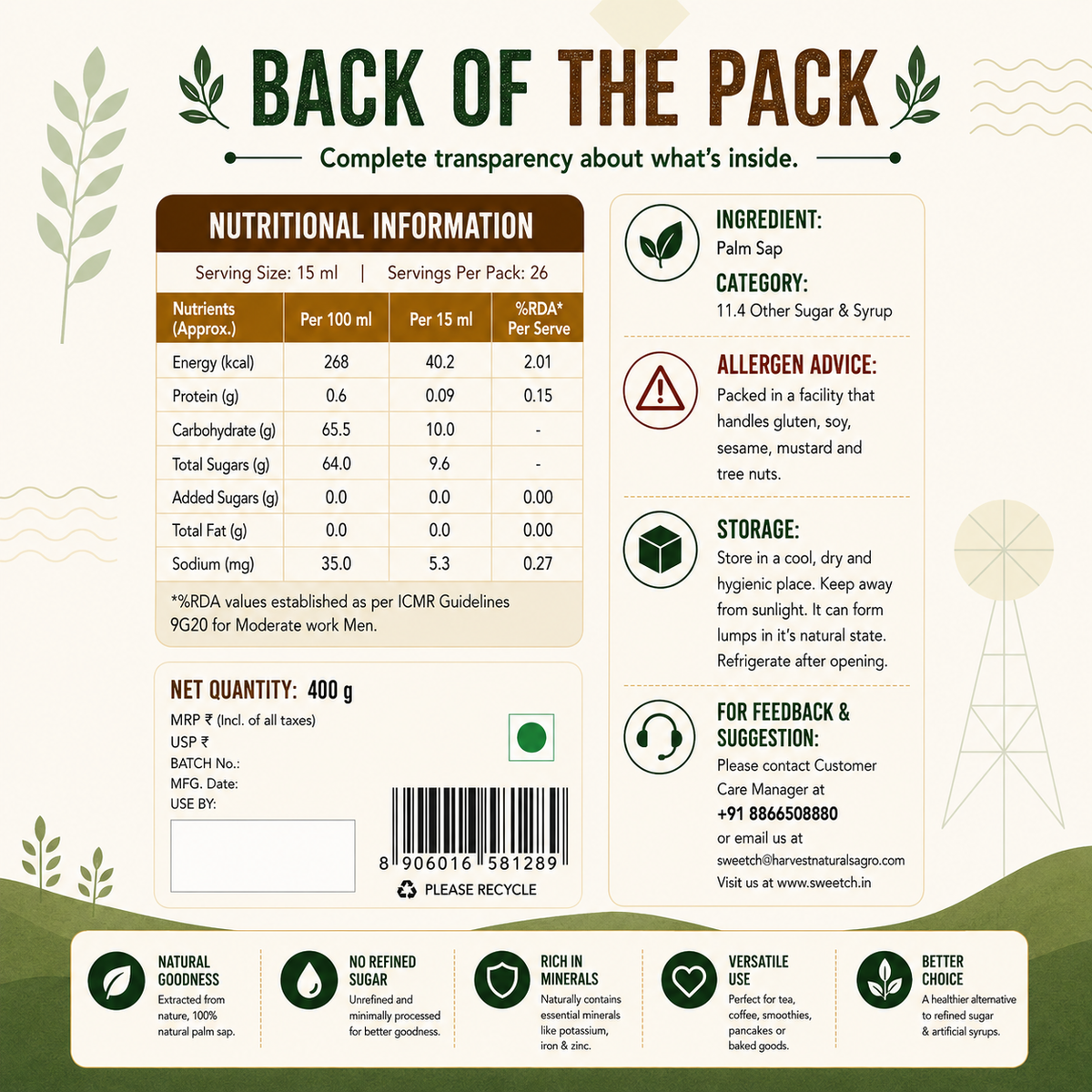 Sweetch Palm Syrup | Pure & Natural | Convenient Squeeze Bottle (400 GM)