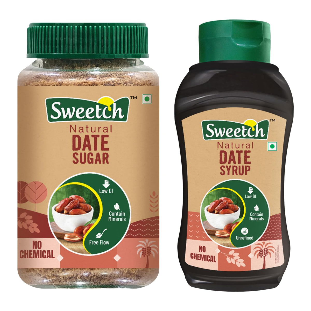 Two bottles of Sweetch Natural Date Sugar and Date Syrup on a white background