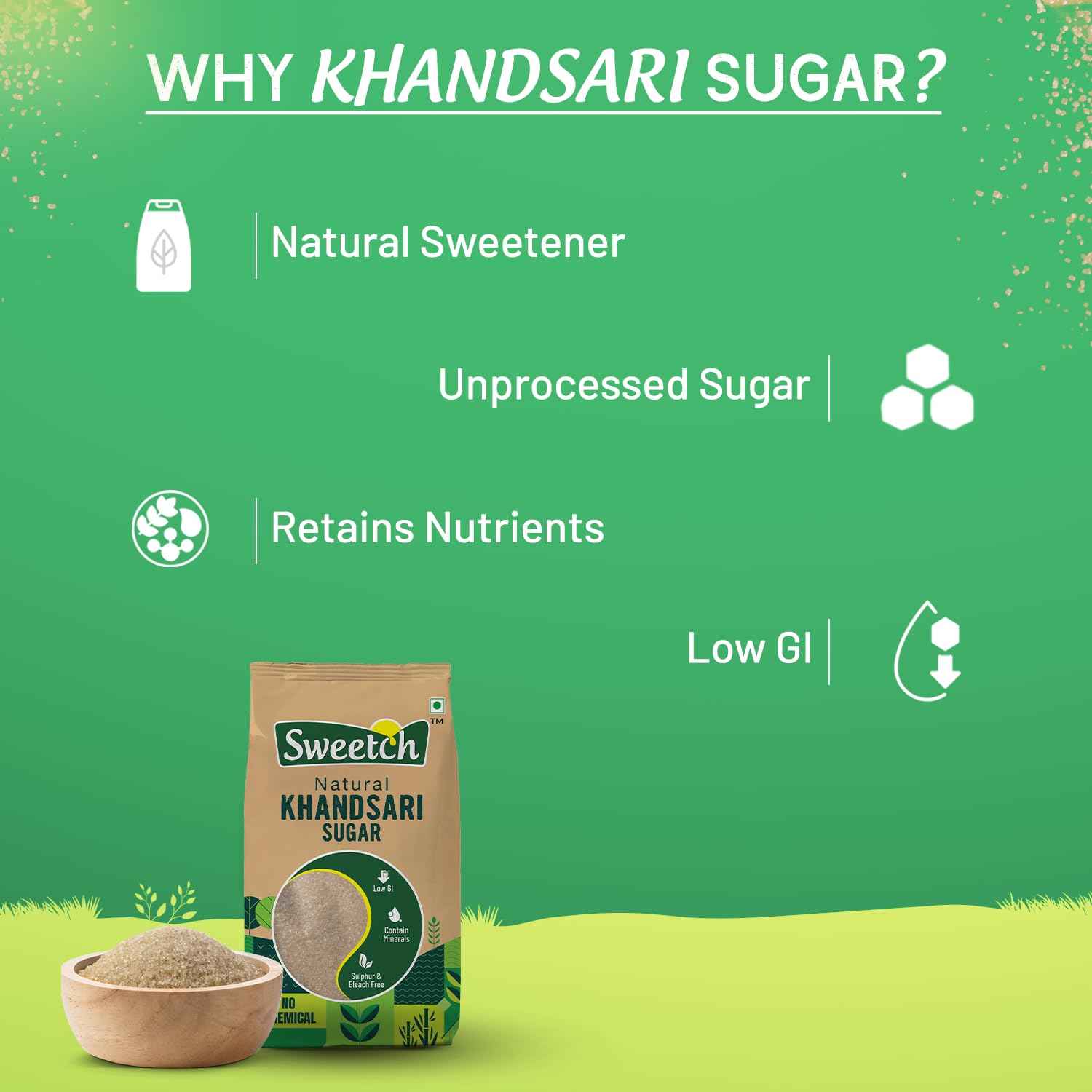 Sweetch Natural Khandsari Sugar (Raw cane Sugar) 1 KG + Jaggery 1 KG Combo