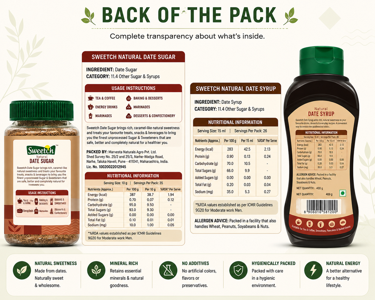 Sweetch Natural Date Sugar 350 GM + Date Syrup 400 GM Combo