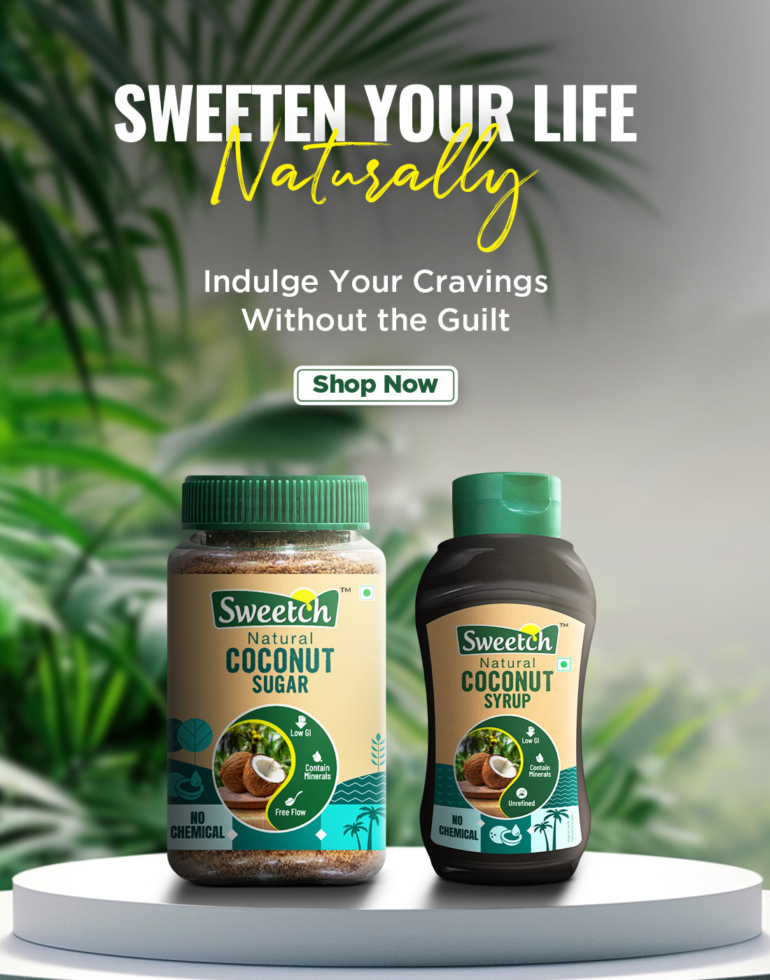 Two bottles of natural sweeteners on a modern platform with a blurred natural background.