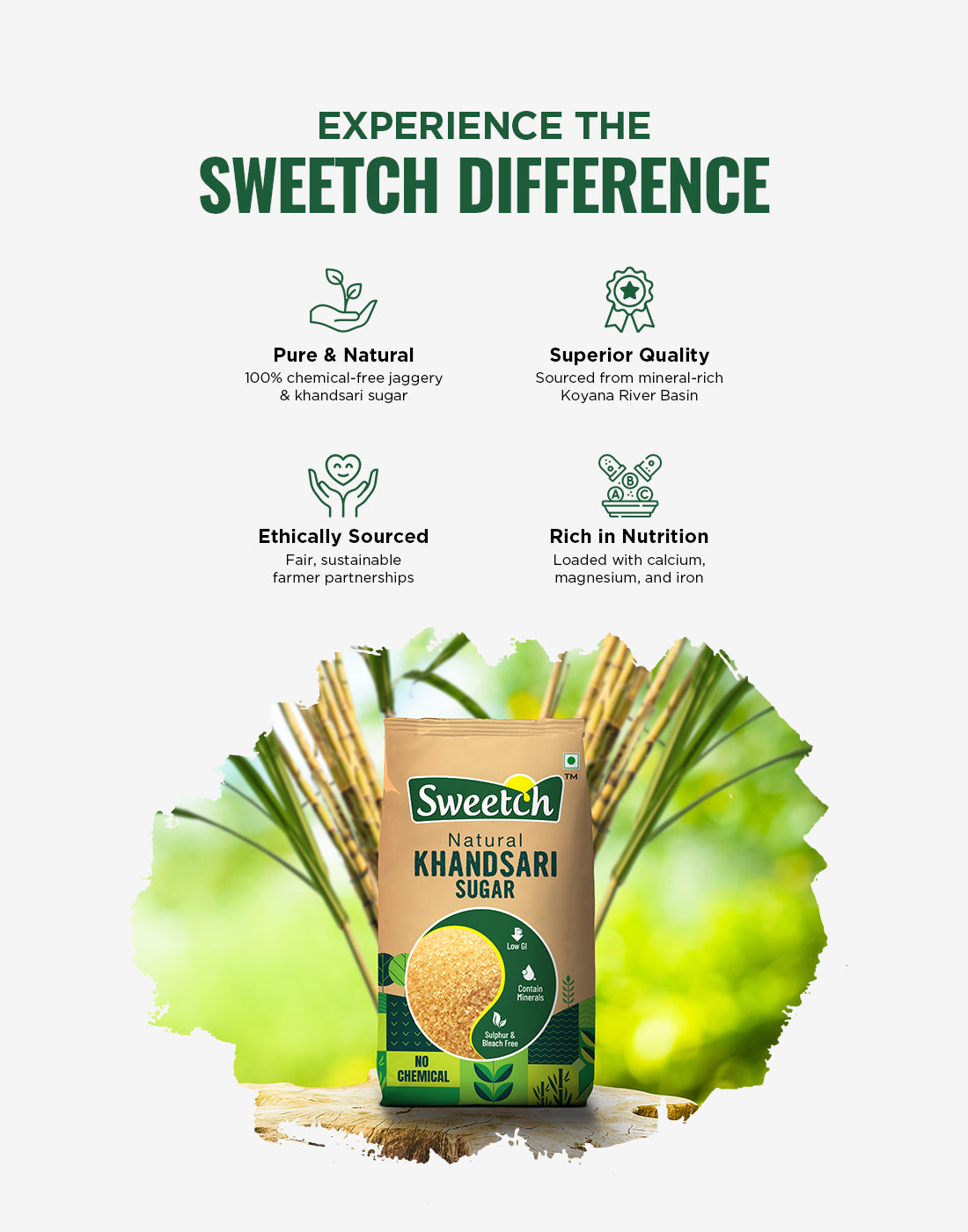 Package of Sweetch Natural Khandsari Sugar with product details on a green background.