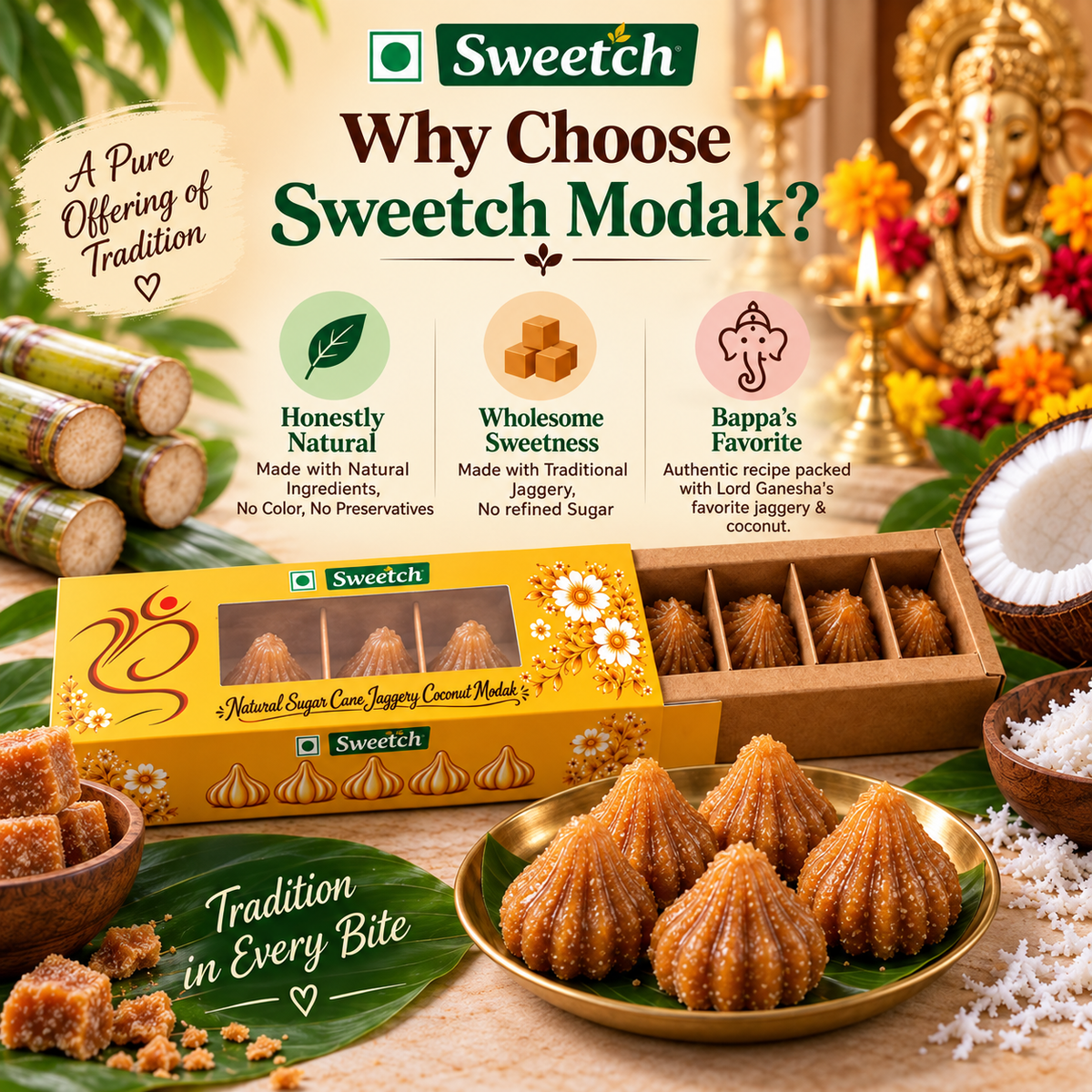 Sweetch Natural Sugar Cane Jaggery Coconut Modak